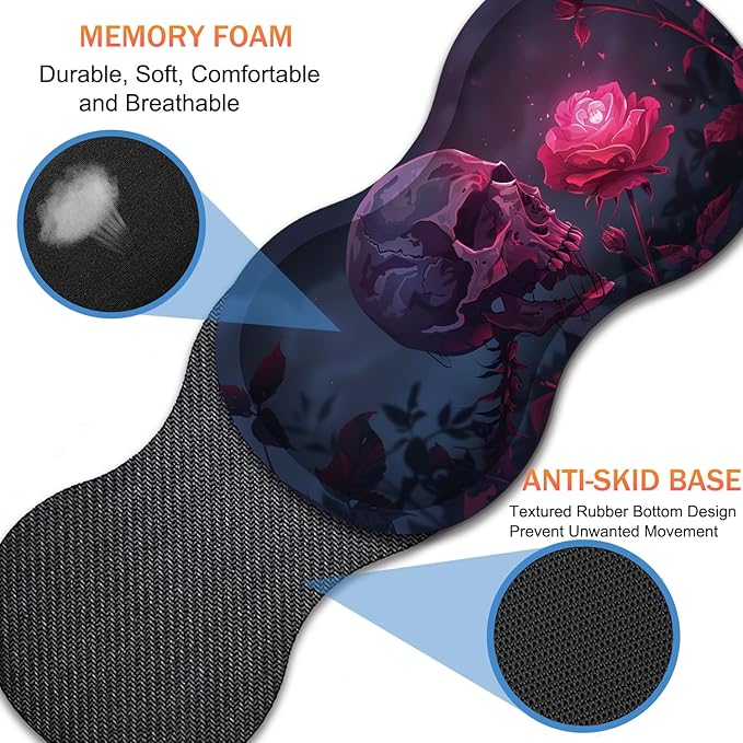 Extended Non-Slip Mouse Pad + Mouse Wrist Rest + Lace-Shaped Coaster Set, Ergonomic Design, Suitable for Desk and Home Gaming Table Mat, Rose Skull