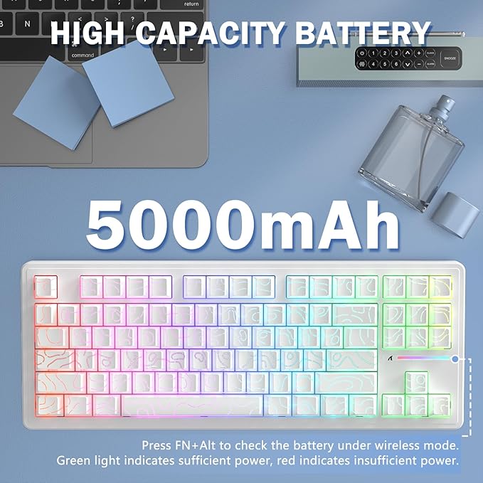 FELICON Attack Shark M87 PRO Wireless Mechanical Gaming Keyboard – 87-Key Tri-Mode (Bluetooth 5.0/2.4Ghz/USB-C), Hot-Swappable Linear Switch, RGB Backlit, 5000mAh Battery – White Contour