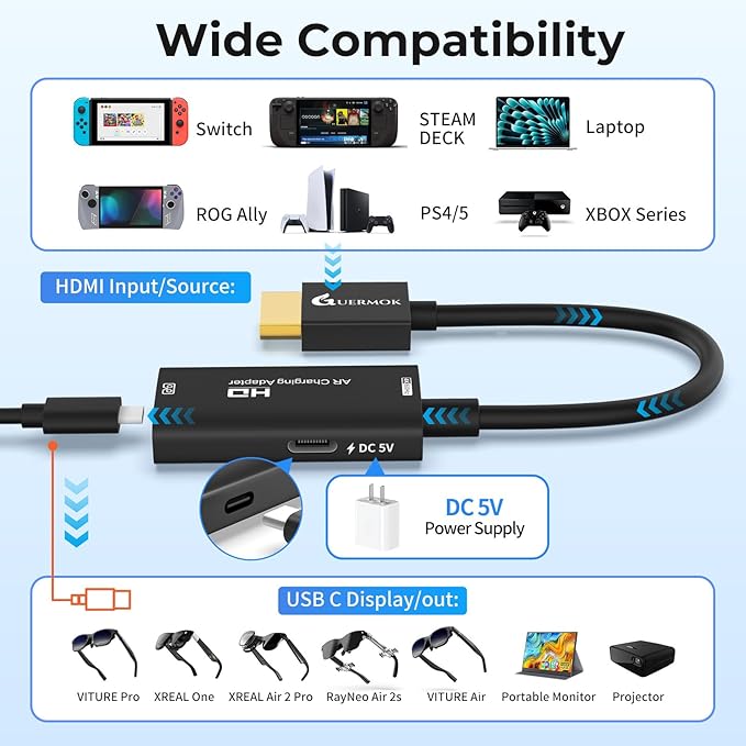 Guermok AR Glasses HDMI to USB-C Display Adapter, 4K@60Hz Play and Charge XR Converter with DC 5V, for XREAL One/Air 2 Pro/RayNeo/Rokid, Switch 2/1, Xbox1, PS4/5, Portable Monitors (Black)