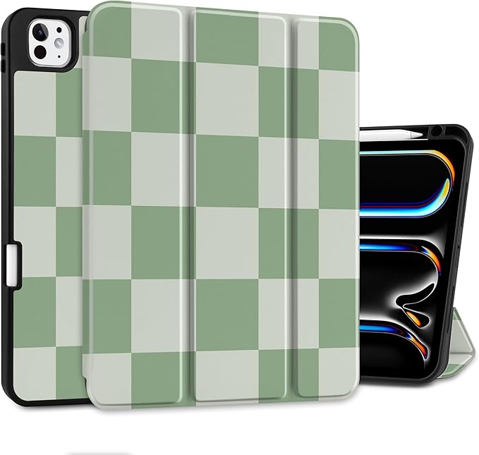 MEEgoodo Case for M5 iPad Pro 11 inch 2025/M4 iPad Pro 11 inch Case 2024, Tablet Cover with Trifold Stand & Pencil Holder & Auto Wake/Sleep & Soft TPU Back Cover, Green Checkered
