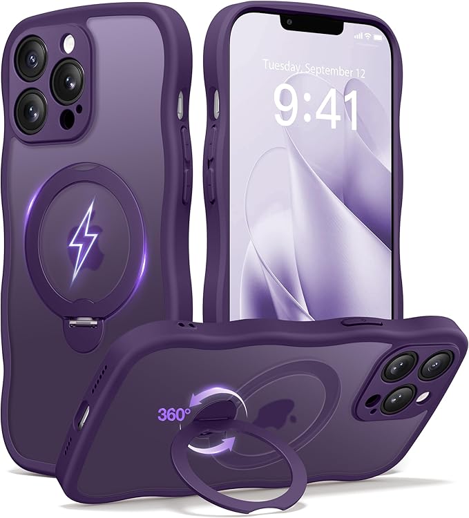 CAPRARO for iPhone 13 Pro Case with 360° Spin Magnetic Stand for Women, [Compatible with MagSafe] [Full Camera Protection] Cute Wave Translucent Matte Case for iPhone 13 Pro, Deep Purple
