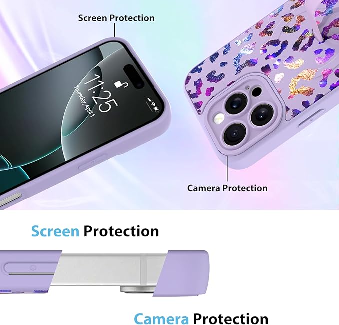 KANGHAR Compatible with iPhone 16 Pro Case, Support for MagSafe, Silicone Cute Iridescent Leopard Cheetah Pattern, Wristband Kickstand Shockproof Protective Slim Cover for Women Girls, Purple