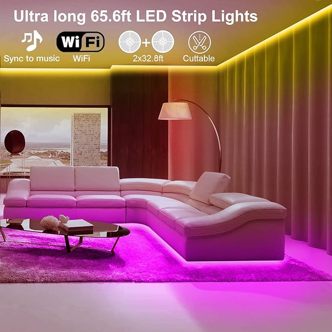 VOLIVO 65.6 FT WiFi LED Strip Lights,LED Light Strip Compatible with Alexa and Google Home,App/Remote/Voice Controlled Music Sync Color Changing Lighting for Bedroom Kitchen,Party,TV