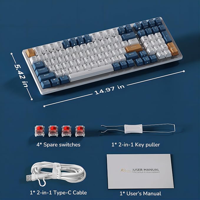 RK ROYAL KLUDGE RK98 Wireless Mechanical Keyboard, Triple Mode 2.4G/BT5.1/USB-C Custom Switches Keyboard with Number Pad, Pre-lubed Linear Switches RGB Backlit Gaming Keyboard, Software Support