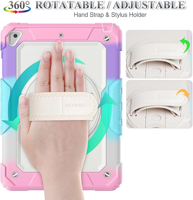 SEYMAC stock Case for iPad 6th / 5th Generation Case/Air 2 / Pro 9.7 inch, Heavy Duty Protective with Screen Protector, with Pencil Holder, Hand Strap, Shoulder Strap, 360 Rotate Stand,Yellowish+Pink
