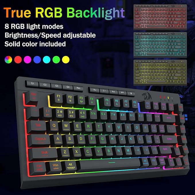 Redragon Wireless Gaming Keyboard, Bluetooth/2.4GHz/USB-C Wired, RGB Backlit, Portable 75% Mini Quiet Macro Membrane Keyboard, Rechargeable 4000mAh Battery, Anti-Ghosting for Win/MAC