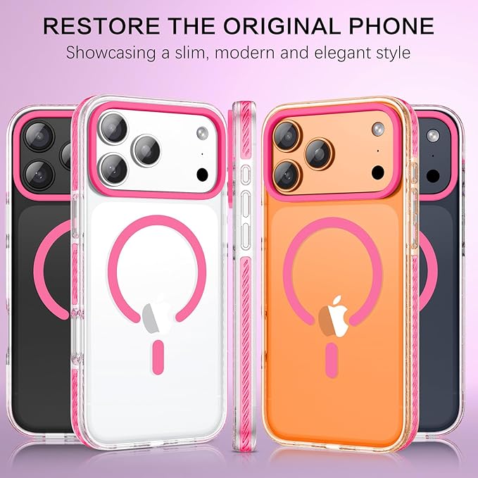 BENTOBEN Magnetic for iPhone 17 Pro Max 6.9" Case, Compatible with Magsafe Military Shockproof Protective Bumper Cute Transparent Slim Anti-Yellowing Case for iPhone 17 Pro Max Cover, Clear Hot Pink