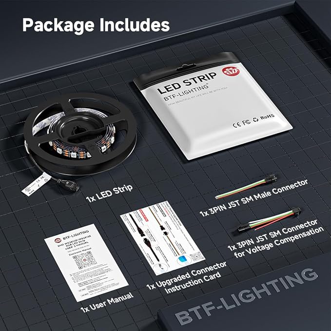 BTF-LIGHTING WS2812B IC RGB LED Strip,UL Listed,Pure Gold Wires,DC5V 3.28FT 60LED 5050SMD,Individually Addressable,Flexible for DIY Chasing Full Color Project,3M Tape,IP65(No Adapter or Controller)