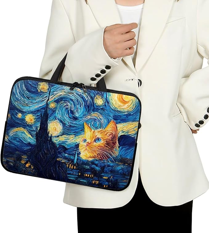 15 Inch Starry Night Cat Laptop Sleeve Tablet Protector Case with Handle, Men Women Zipper Computer Bag Carrying Case Notebook Cover Messenger Briefcase for Travel/Office/Work