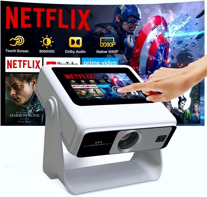 4K Support Native 1080P Touch Screen Projector with WiFi Bluetooth, Auto Focus Smart Portable Game Projector, Built-in Apps Mini Outdoor Movie Projector for Bedroom Home Theater