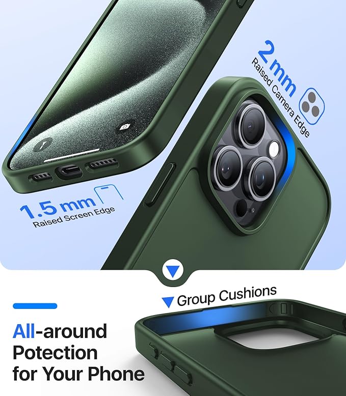 for iPhone 15 Pro Max Case, [Military-Grade Drop Protection][Anti-Yellowing] Shockproof Protective Translucent Matte Cover for iPhone 15 Pro Max Phone Case,Alpine Green