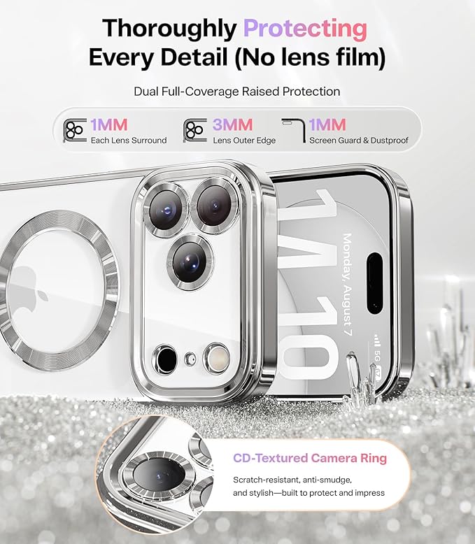 Meifigno Designed for iPhone 17 Pro Case 6.3", [Glitter Card & Wrist Strap][Compatible with MagSafe][1HD +1X Privacy Screen Protectors] Surround Raised Lens Protection for 17 Pro Case, Titanium Silver