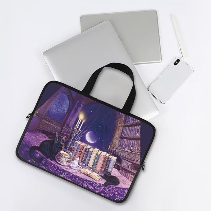 Purple Library Laptop Sleeve Case for Women Men 15 Inch Laptop Protector with Multiple Uses Portable Computer Sleeve Kawaii Cat Tablet Bag Laptop Carrying Case Gifts for Girls