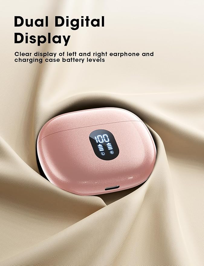 ZZU Wireless Earbuds Bass Stereo Headphones Bluetooth 5.3 Ear Buds, 48H Playtime, LED Display in Ear Earphones with Mic, IPX7 Waterproof, Touch Control Lightweight for iPhone/Sports/Laptop Rosegold