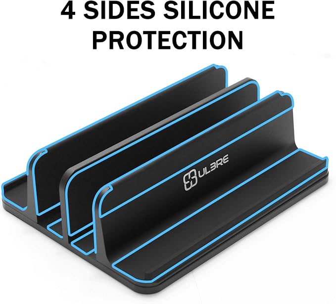 Vertical Laptop Stand for Desk 4 Slots Heavy Duty, Double Adjustable Stands Tablet Holder Metal Compatible w‘ All MacBook Surface Dell Samsung HP Chromebook Upto 17.5'- Black