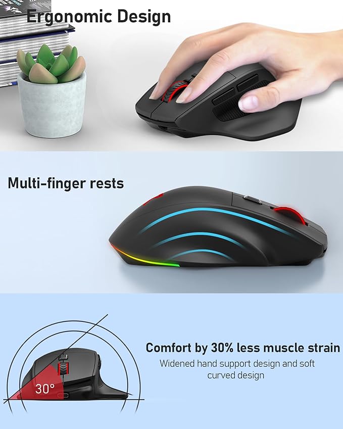 Redragon Large Wireless Gaming Mouse for Big Hands, Tri-Modes 2.4G/Bluetooth/Wired Rechargeable Ergo RGB Mouse with 2 Side Buttons, 6 Backlit Modes, Programmable Macro Gamer Mouse
