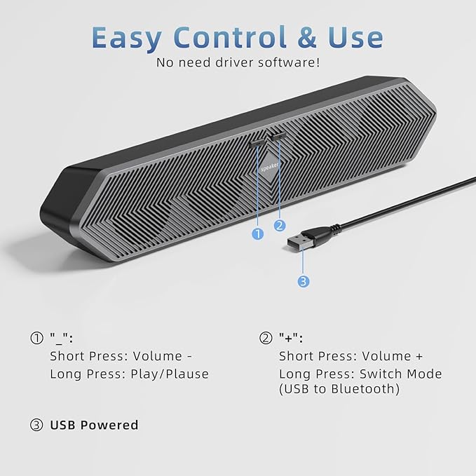 Computer Speakers for Desktop Pc, Wired USB Powered Bluetooth PC Speakers with Stereo Clear Sound, Gaming Speakers Sound Bar for Computer Desktop PC Laptop Monitor, Bluetooth & USB Input Black