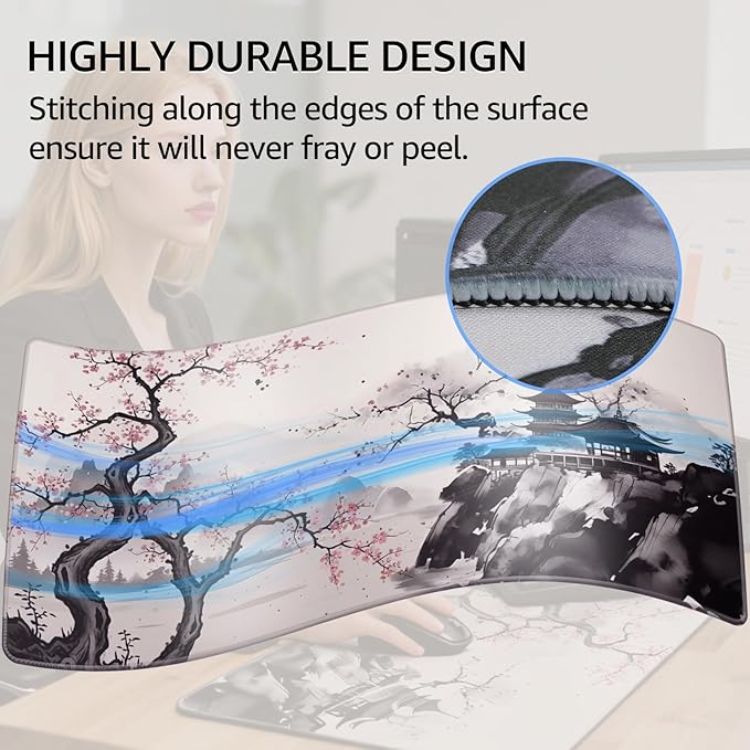 KTRIO Large Gaming Mouse Pad Desk Mat, Superior Micro-Weave Cloth, Non-Slip Rubber Base, Stitched Edges, Water-Resistant, for Gamer, Office & Home, 31.5 x 15.7 Inch, Zen Sakura
