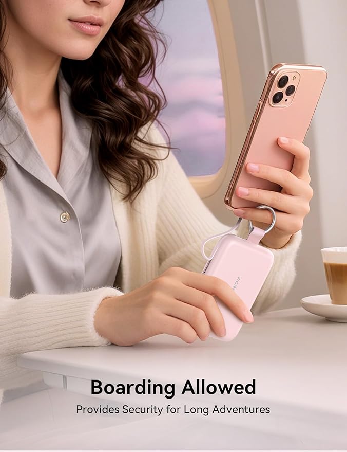 RORRY CharmGo Portable Charger, 10000mAh PD 30W Fast Charging Portable Charger Power Bank with Built-in Cables, Travel Keychain Charger Battery Pack for iPhone 17/16/15, for AirPods 2/3/4/Pro, Pink