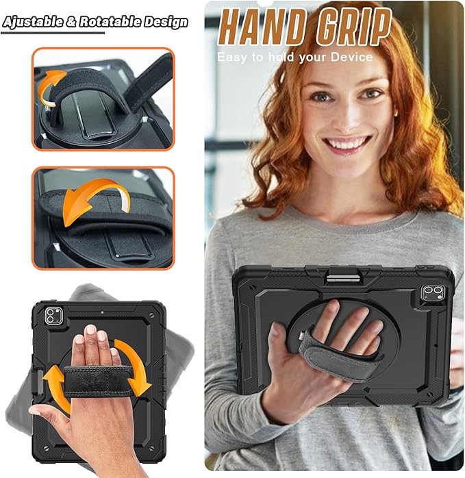 Case Compatible with iPad Pro 12.9 inch 6th/5th/4th Generation with Screen Protector Pencil Holder | Full Body Shockproof Rugged Protective Rubber Case W/Stand Strap | Black