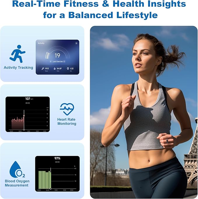 Smart Ring for Women Men, Titanium Fitness Ring with Heart Rate, Stress & Sleep Monitoring,Step & Calorie Counter, 5ATM Waterproof for iPhone and Android,No Subscription Fee (Black, 6)