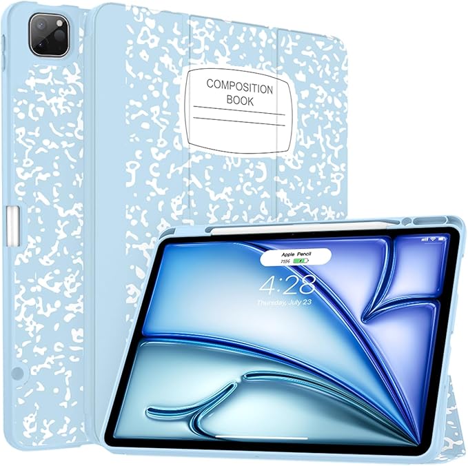 Soke Case for iPad Air 13 Inch (M4/M3/M2,2026-2024), iPad Pro 12.9" 6th/5th Generation with Pencil Holder(2021 2022 Release)-[Apple Pencil Charging + Auto Wake/Sleep] Soft Back Cover, Book Ice Blue