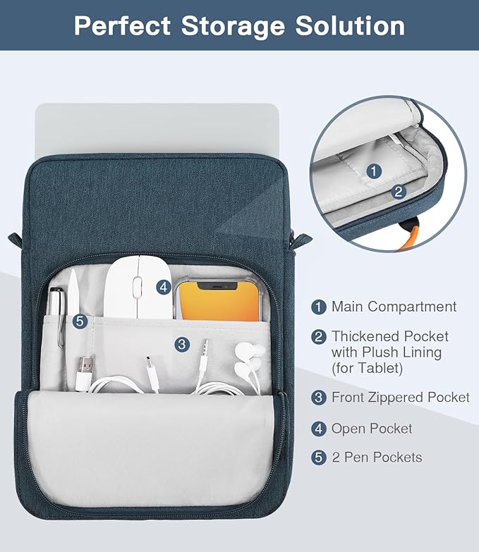 MoKo 13 Inch Tablet Sleeve Bag, Fits with 13 Inch New iPad Pro M5 & Air M4/M3, iPad Pro 12.9 M2&M1,Surface Laptop Go 12.4,Galaxy Tab S8+/S9+ 12.4,Handle Carrying Case with Shoulder Strap, Indigo