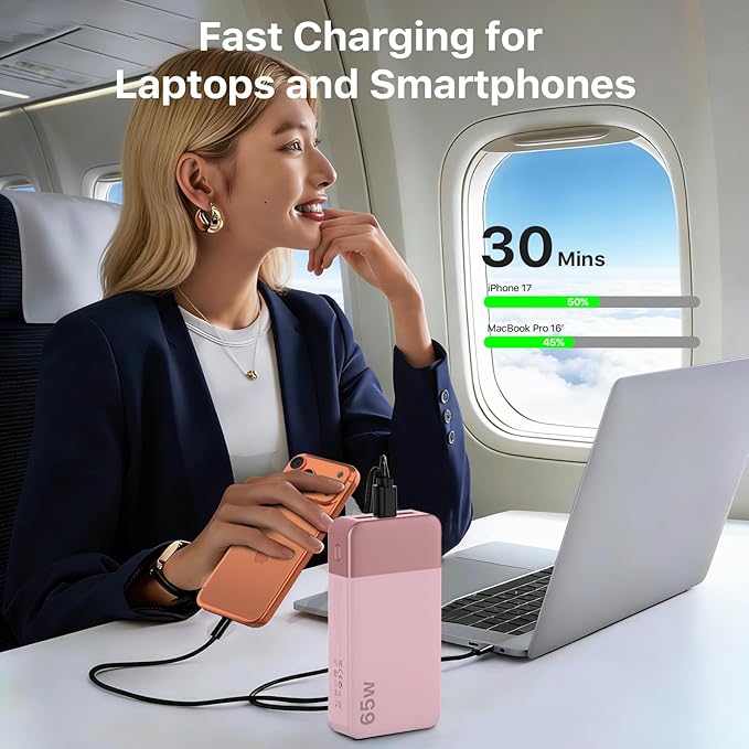 NOBIS 20000mAh Battery Pack Power Bank 65W Power Bank, Portable Charger with Digital Display, Dual USB-C/USB-A Fast Charging for Laptop, Phone, Tablet, Travel-Friendly External Battery Pack