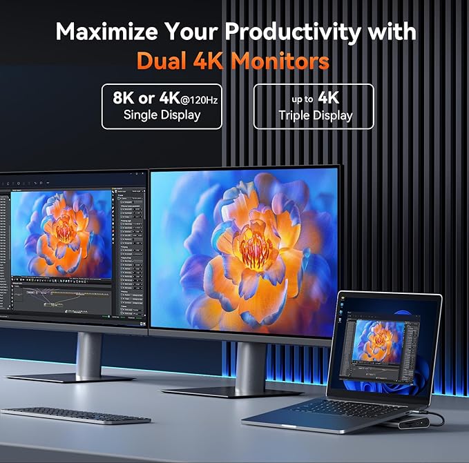 TobenONE 16-in-1 USB-C Docking Station 3 Monitors & Dual Monitor,2 HDMI+DP+6 USB Ports for Office & Home Use,Capable of 100W Power Supply & 2.5Gbps Ethernet, Used with Dell/HP/Lenovo