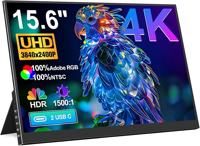 4K Portable Monitor 15.6" 3840x2400 UHD USB-C HDMI 100% NTSC 1500:1 Display, 100% Adobe RGB IPS Computer Gaming HDR Monitor w/Speakers & Kickstand for Laptop Xbox PS5 Switch PC Phone