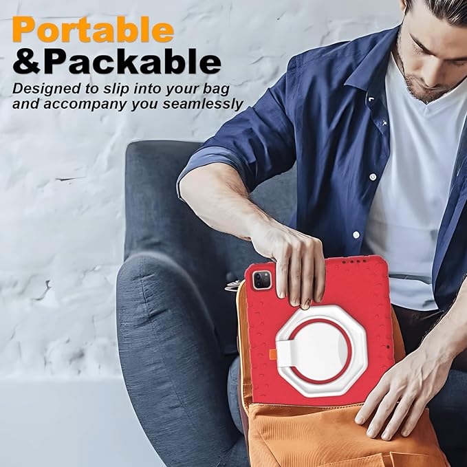 for iPad Pro 12.9 Case 6th/5th/4th/3rd Generation with 360° Rotating Stand & Pencil Holder, Heavy Duty Cute Cover for iPad Pro 12.9 inch 2022/2021/2020/2018, Red