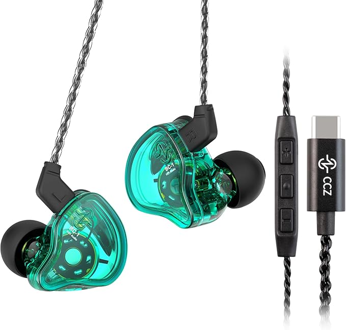 CCZ Melody USB C Headphones Wired Type-C in Ear Monitor, Professional USB C Wired Earbuds Gaming Earphones with 1BA 1DD Patent Ear fins Ear tips for Singers Musicians Stage (Green, USBC-With Mic）