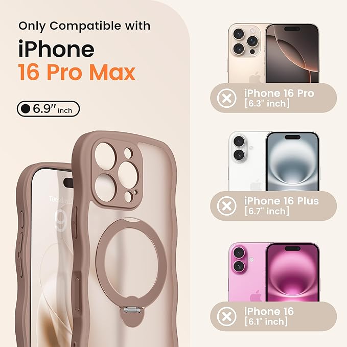 CAPRARO for iPhone 16 Pro Max Case with 360° Spin Magnetic Stand for Women, [Compatible with MagSafe] [Full Camera Protection] Cute Wave Translucent Matte Case for iPhone 16 Pro Max, Brown