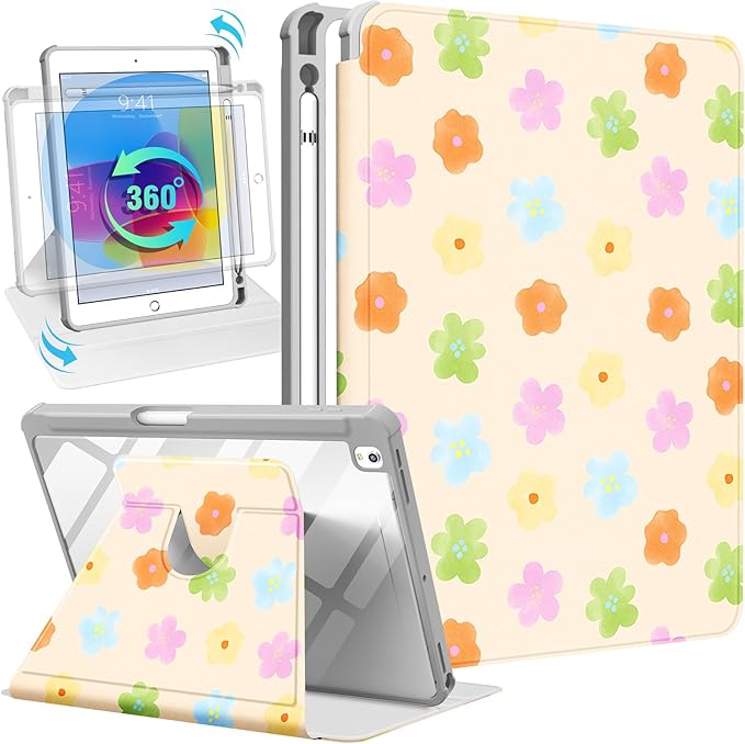 Uppuppy for iPad 9th/8th/7th Generation Case for iPad Air 3rd/ Pro 10.5” Case - 360 Rotating Stand Folio Smart Cover with Pencil Holder for Women, Colorful Flower for Apple Tablet 7/8/9 Gen 10.2 inch