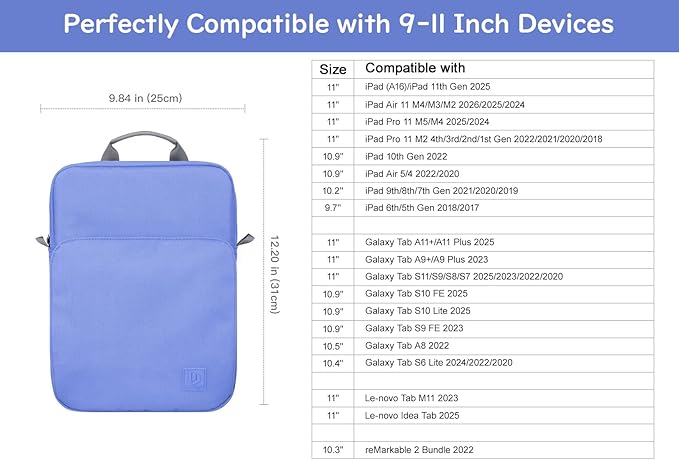 Dadanism 9-11 Inch Tablet Sleeve Bag Carrying Case with Shoulder Strap for iPad (A16) 11", iPad 10th Gen 10.9", iPad Air M4/Pro M5 11", iPad 9/8/7th 10.2", Galaxy Tab A11+ Plus 11", Periwinkle
