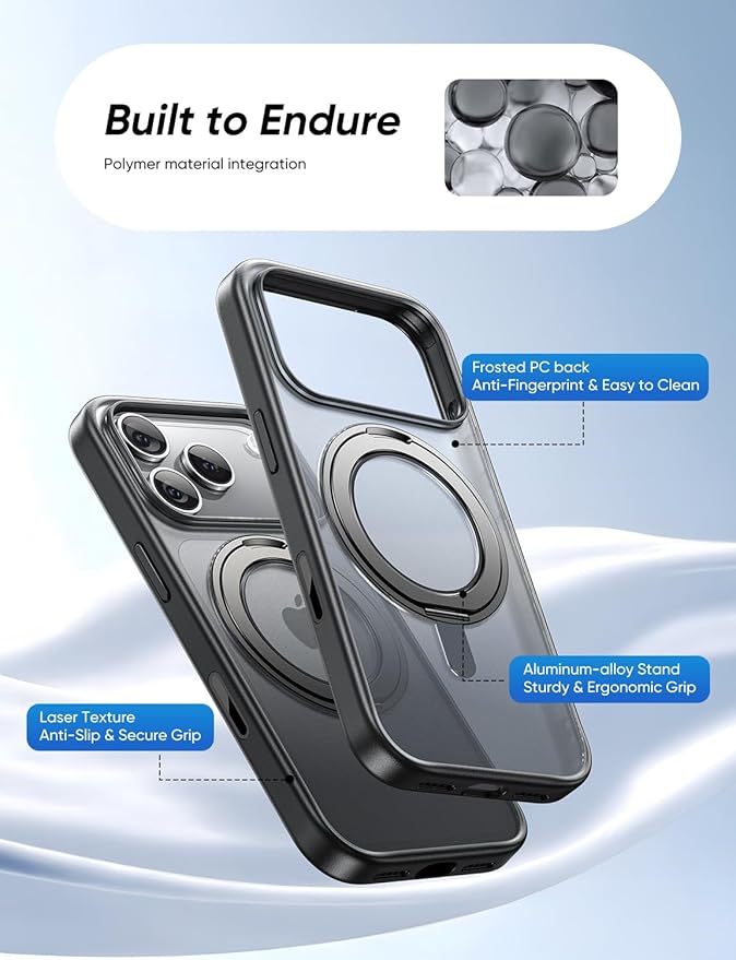 MAGIC JOHN 360° Rotatable Magnetic Invisible Stand for iPhone 17 Pro Case [Camera Control Button] [Compatible with MagSafe] 16FT Shockproof for iPhone 17 Pro Case with Kickstand, Black
