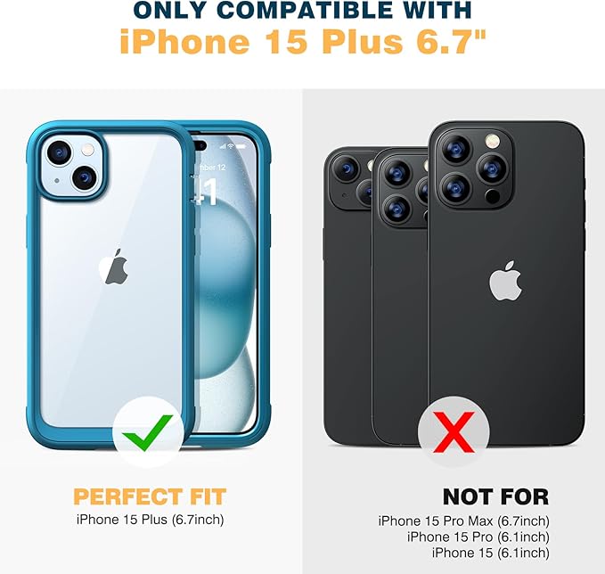 Diaclara Designed for iPhone 15 Plus Case 6.7 Inch,Full Body Rugged Clear Bumper Case w/Built-in Touch Sensitive Anti-Scratch Screen Protector+9H Tempered Glass Camera Lens Protector,Sea Blue