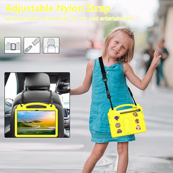 AKABEILA Compatible with Samsung Galaxy Tab A11+ 2025 Tablet Case, Kids Friendly Universal Lightweight Shockproof Protective Case with Shoulder Strap & Stand Handle Yellow