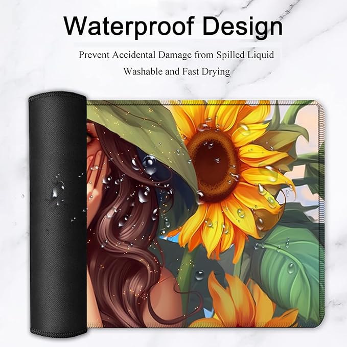 Large Mouse Pad, 31.5 x 11.8in Extended Gaming Mouse Pad with Stitched Edges, XXL Mousepad Protector Non Slip Rubber Base for Office and Home Writing Mat, Anime Sunflower Girl Pattern Desk Mat