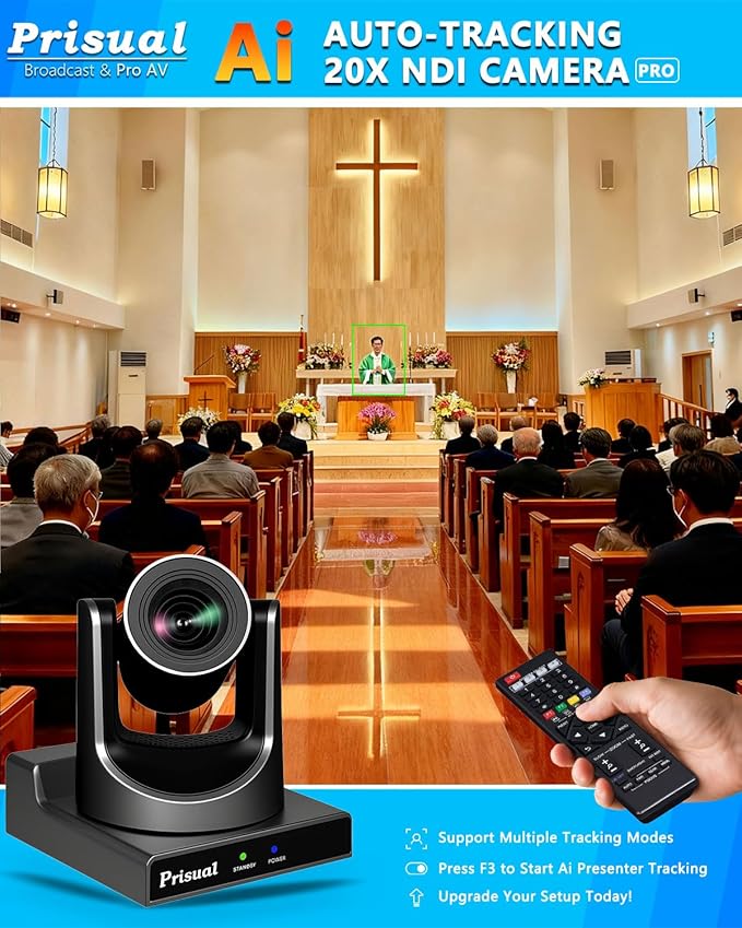 Prisual NDI PTZ Camera System Gen 5, NDI 6 & NDI HX3 Certified, 20X Optical Zoom, AI Auto Tracking, PoE HDMI SDI Bundle PTZ for Church Worship, PTZ Controller, (NDI PTZ Bundle TEM-20N PROx2+TEM-JOY1)