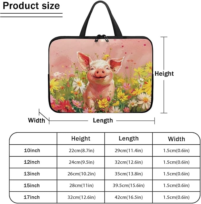 Pink Pig Floral 13 Inch Laptop Sleeve, Cute Computer Bag Tablet Carrying Case Laptop Cover Tote Bags Notebook Sleeves Handbag Messenger Briefcase for Travel/Work/School