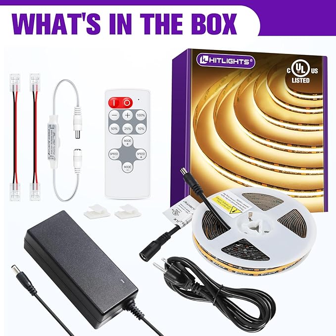 HitLights COB LED Strip Lights Kit Warm White with Remote & 12V Power Supply,16.4ft Dimmable Tape Light 3000K, 2400LEDs, 305+Lm/ft, UL Listed, Flexible Rope Lights for Bedroom Kitchen Cabinet Lighting