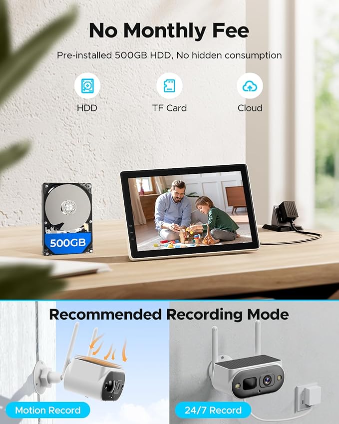 Camcamp Solar Security Cameras Wireless Outdoor, Quick Installation, No Subscription Cameras for Home Security Camera System, 10CH Expandable, 2.4 & 5GHz, 4 Cameras with Monitor