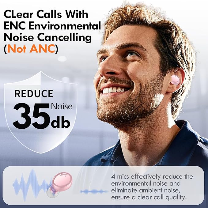 Lanteso True Wireless Bluetooth 5.4 Earbuds, 48H Playtime,Light Weight Headphones in Ear Buds Built in Mic Headset Premium Sound with Deep Bass,Clear Calls Earphones for Sports Workout Pink