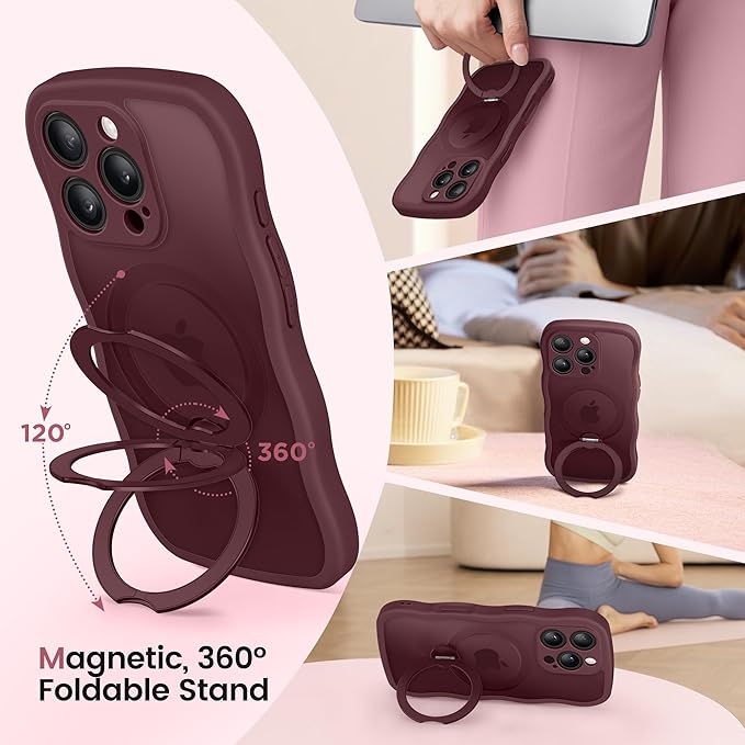 CAPRARO for iPhone 16 Pro Case with 360° Spin Magnetic Stand for Women, [Compatible with MagSafe] [Full Camera Protection] Cute Wave Translucent Matte Case for iPhone 16 Pro, Wine Red