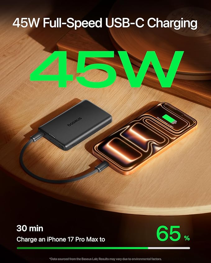 Baseus Picogo AM52 MagSafe Power Bank, Qi2.2 25W 10,000mAh Magnetic Portable Charger, 0.6" Slim 45W USB-C Fast Charging Alloy Wireless Battery Pack, Travel Essential for iPhone 17/16/15/14/13/12 Only