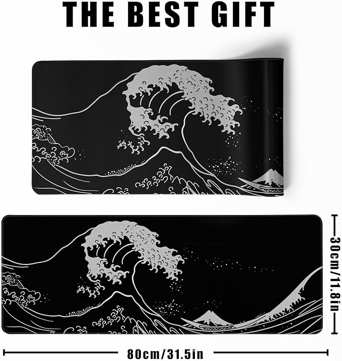 Japanese Sea Wave Gaming Mouse Pad Kanagawa Black Desk Mat Kawaii Mousepad Mouse Pad, Extra Large Deskmat Cut Laptop Mouse Pads Decor