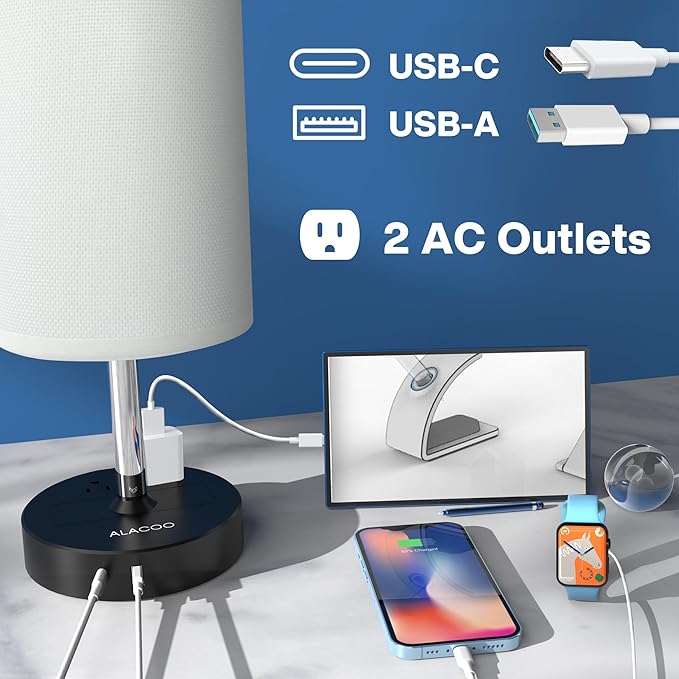 Small Bedside Table Lamp for Bedroom - 3 Way Dimmable Touch Lamp with USB Charging Station and AC Outlet, Wood Base & Fabric Linen Lampshade for Office, Living Room, Dorm, Black-White, (LED Included)