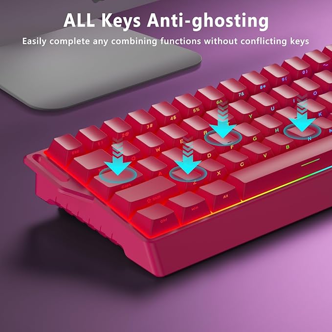 BlueFinger 60% Wireless Mechanical Gaming Keyboard, Bluetooth/2.4G/USB-C Hot Swappable RGB Backlit Keyboard with Side-Printed PBT Keycaps, for MAC Xbox PC PS5, Pink