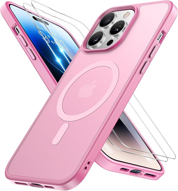 Miracase Magnetic for iPhone 14 Pro Case 6.1 inch (Compatible with MagSafe)（with 2X Screen Protectors） Military-Grade Protection, Anti-Fingerprint Translucent Matte Phone Case Cover, Mes Pink